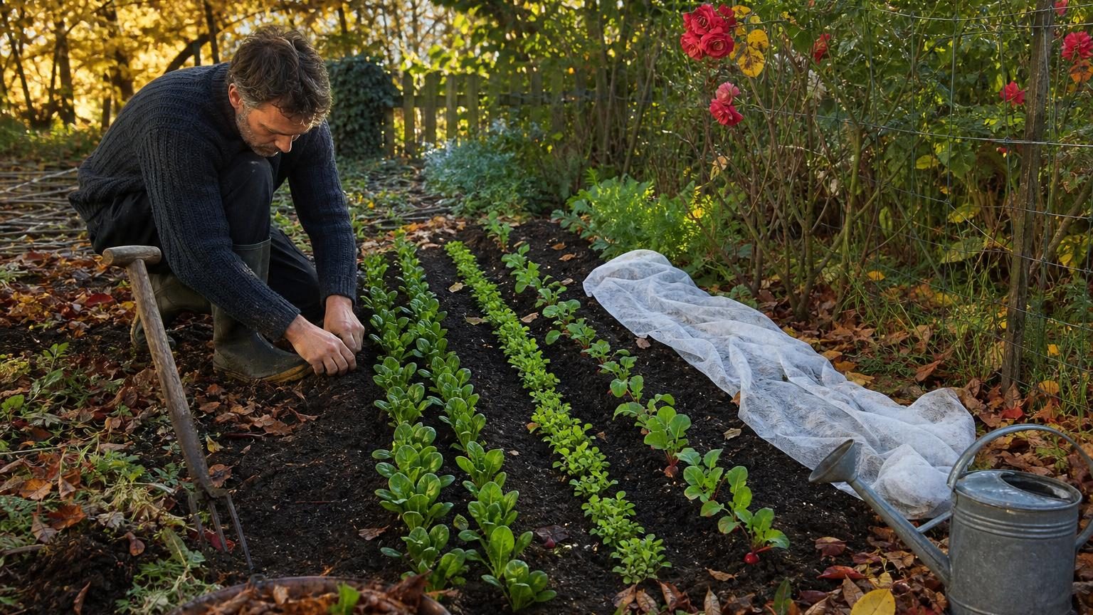 Petit potager d'automne avec rangs de légumes-feuilles en terre nue, piquets de délimitation et voile de protection, bordé par un rosier ancien et un grillage de voisin