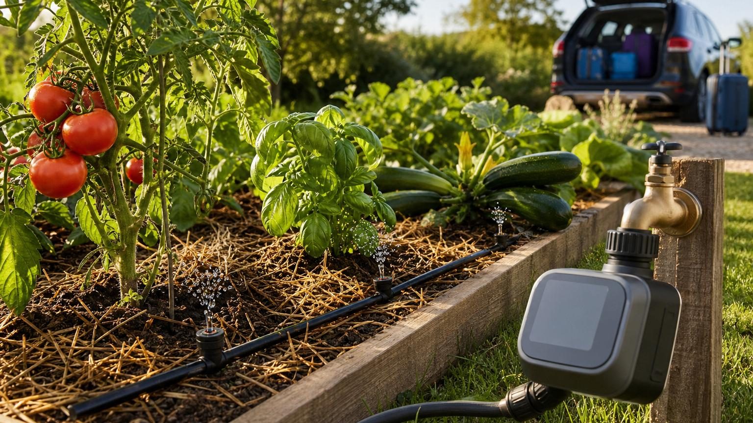Un tuyau noir d'arrosage goutte-à-goutte court au pied de plants de tomates et de légumes, alimenté par un programmateur relié au robinet extérieur