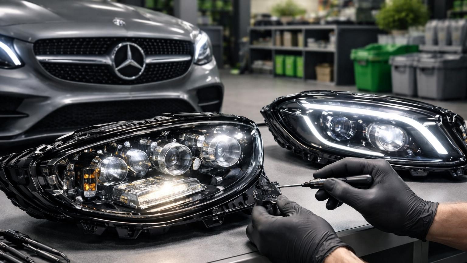 Gros plan sur un phare LED moderne de voiture avec composants assemblés, illustrant la conception modulaire et les points de fixation par vis.