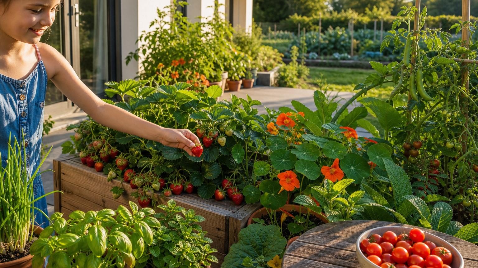 Petit jardin potager installé près d'une terrasse avec pots de fraisiers, plants de tomates cerises et herbes aromatiques accessibles au passage de la maison.