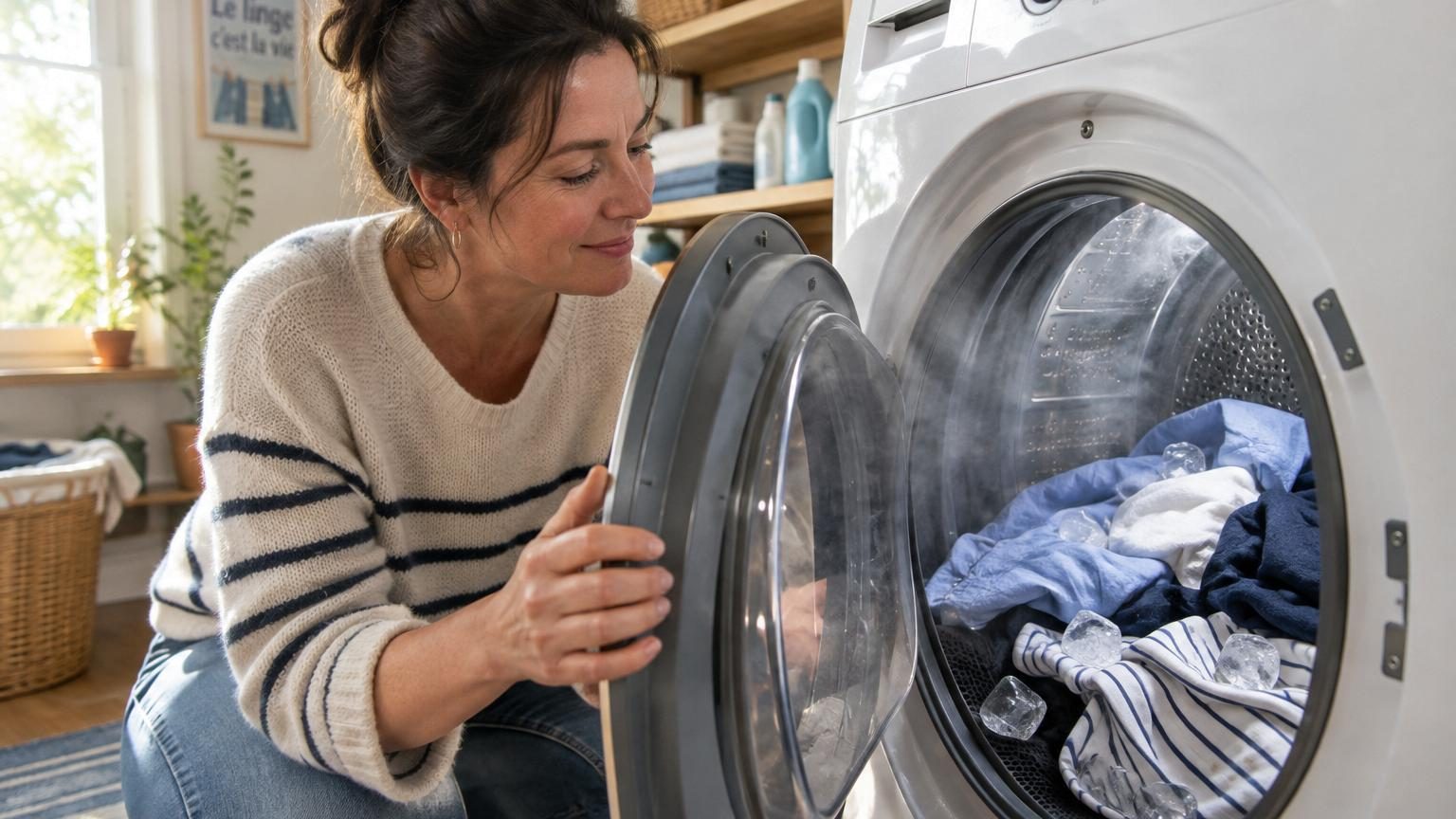 Un sèche-linge ouvert contenant des vêtements avec des glaçons, de la vapeur s'en échappant doucement.