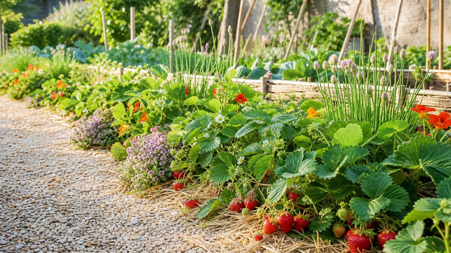 Des fraisiers plantés en bordure d'une allée gravillonnée, étalés librement avec leurs feuilles vertes et fruits rouges visibles, en plein soleil.