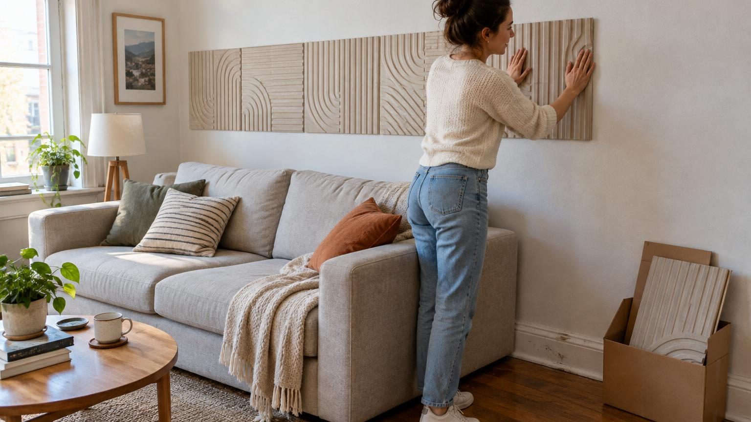 Panneaux déco beige en relief arrangés symétriquement sur un mur blanc derrière un canapé gris clair, créant une texture graphique sans aucune installation visible