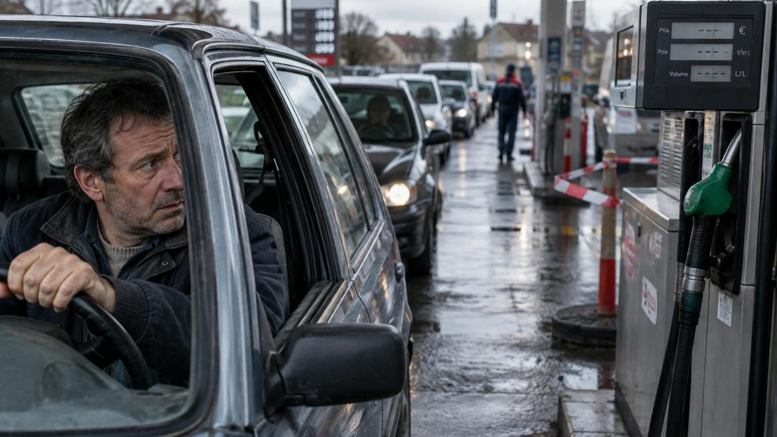 File d'attente de voitures à une station-service, pompes affichant des tirets pour indiquer une rupture de stock de carburant.