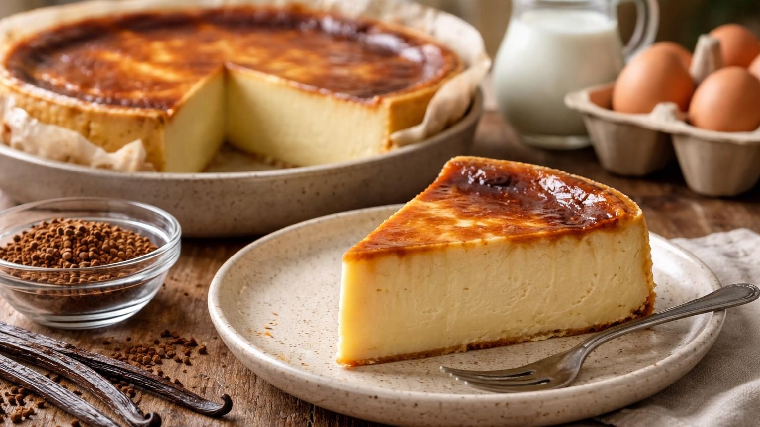 Un flan pâtissier crémeux sans pâte, parsemé de vanille, servi en part dans un moule blanc, avec une cuillère à côté.