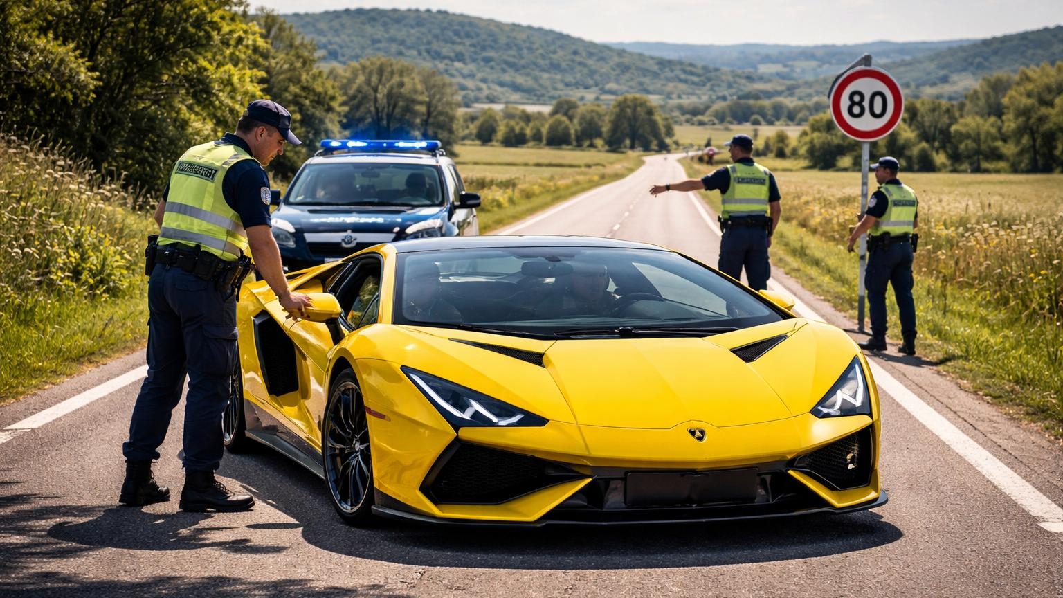 Une Lamborghini Revuelto jaune flashée à vive allure sur une route de campagne, immobilisée par les gendarmes pour un grand excès de vitesse