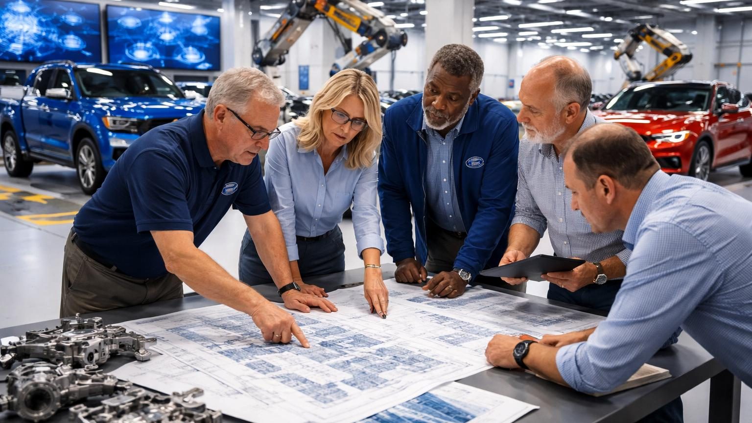 Salle d'usine Ford moderne avec ingénieurs vétérans en tenue de travail examinant des plans techniques et designs de véhicules aux côtés d'écrans affichant des données d'intelligence artificielle et de contrôle qualité.