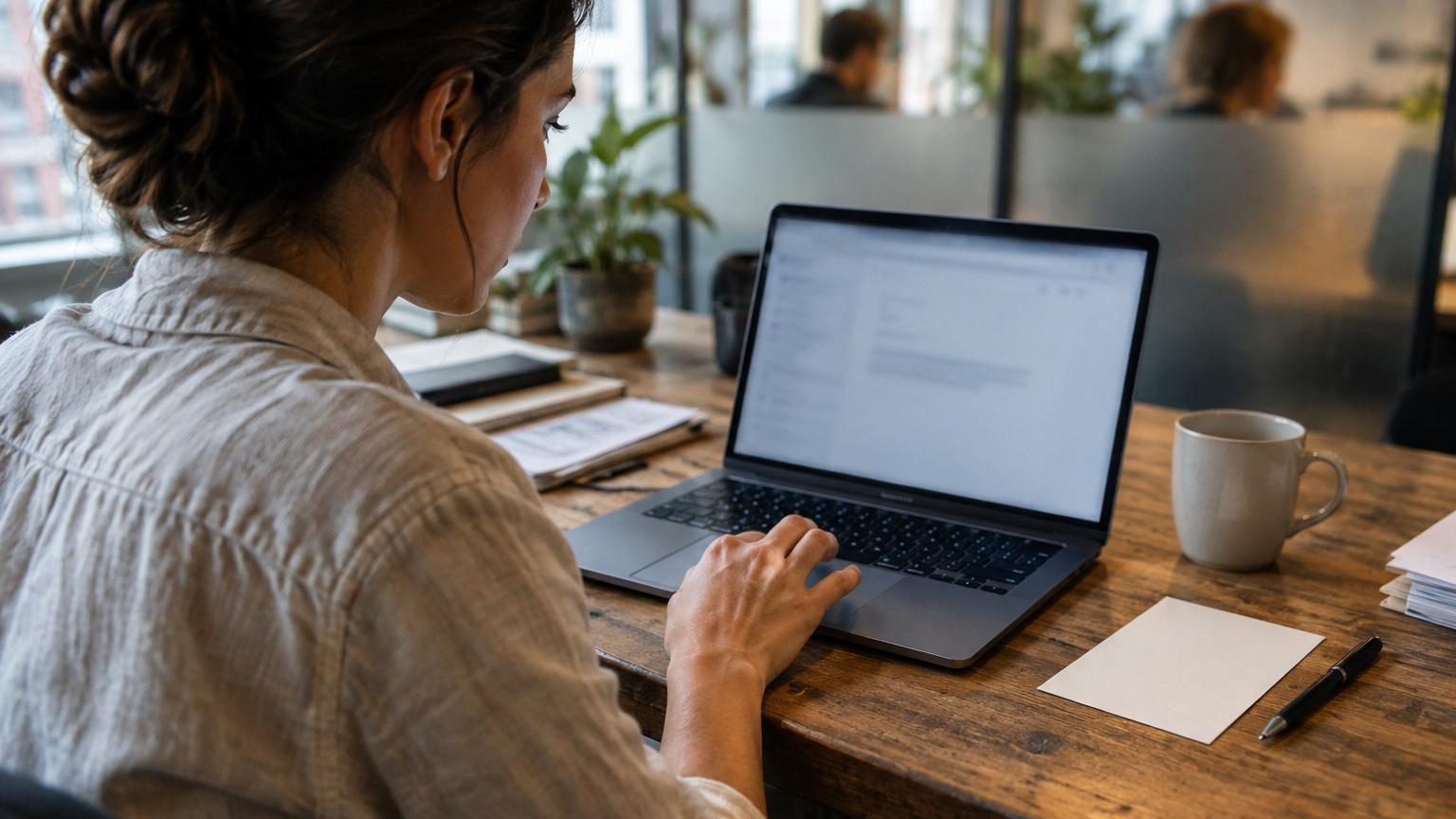 Mains tapant sur un clavier d'ordinateur avec une lettre ou un courriel en arrière-plan, illustrant la rédaction d'une correspondance professionnelle.