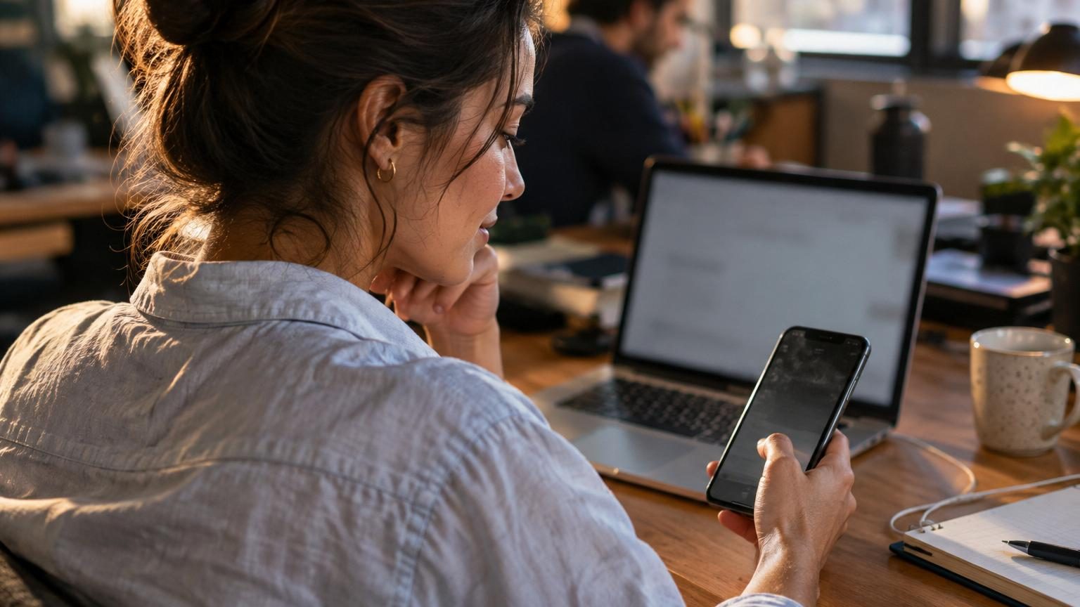 Femme écrivant un email professionnel sur un ordinateur portable, environnement de bureau moderne avec éclairage naturel