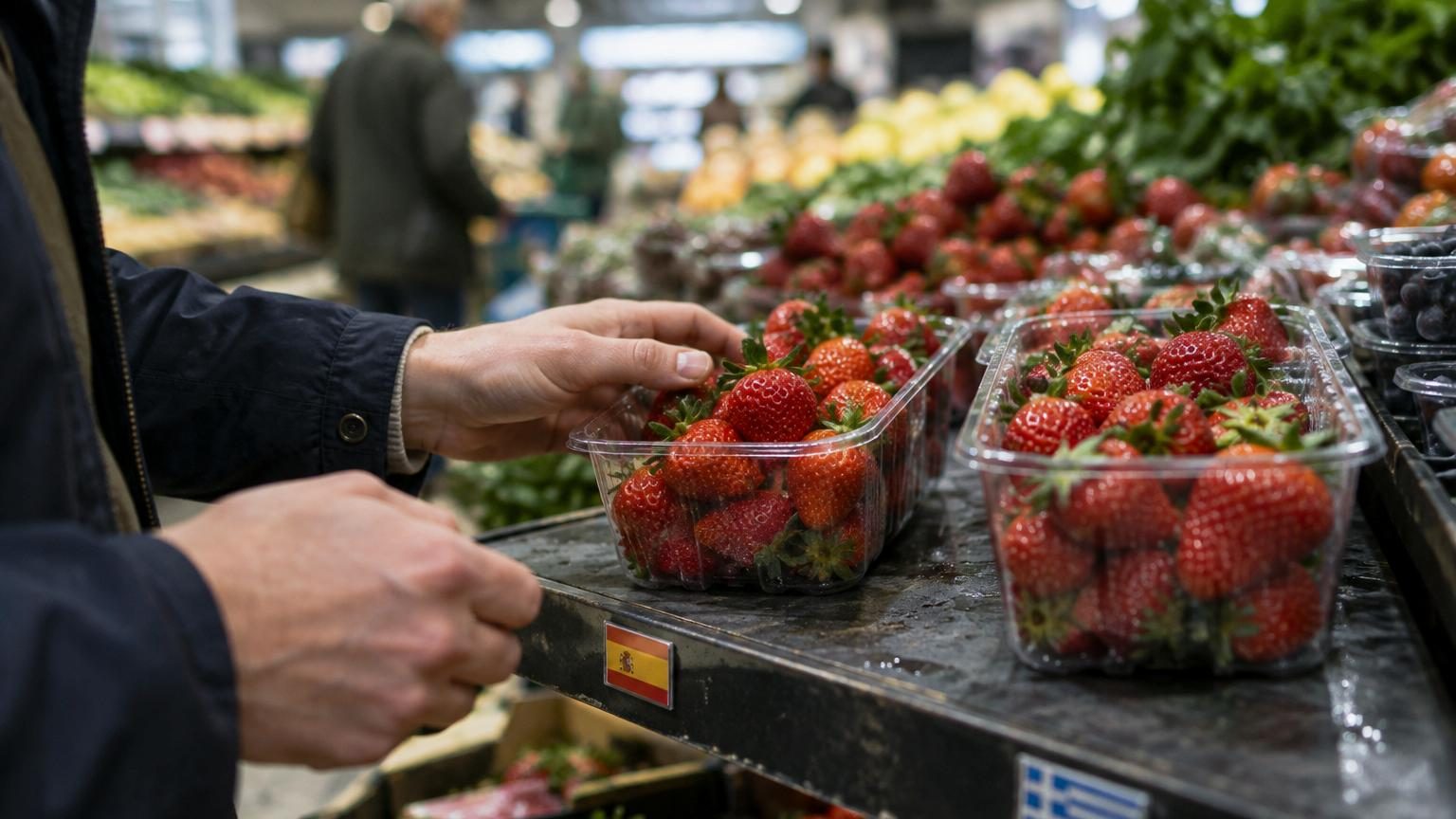 Gros plan sur une barquette de fraises rouges fraîches sur un étal de marché, avec une étiquette indiquant le pays d'origine