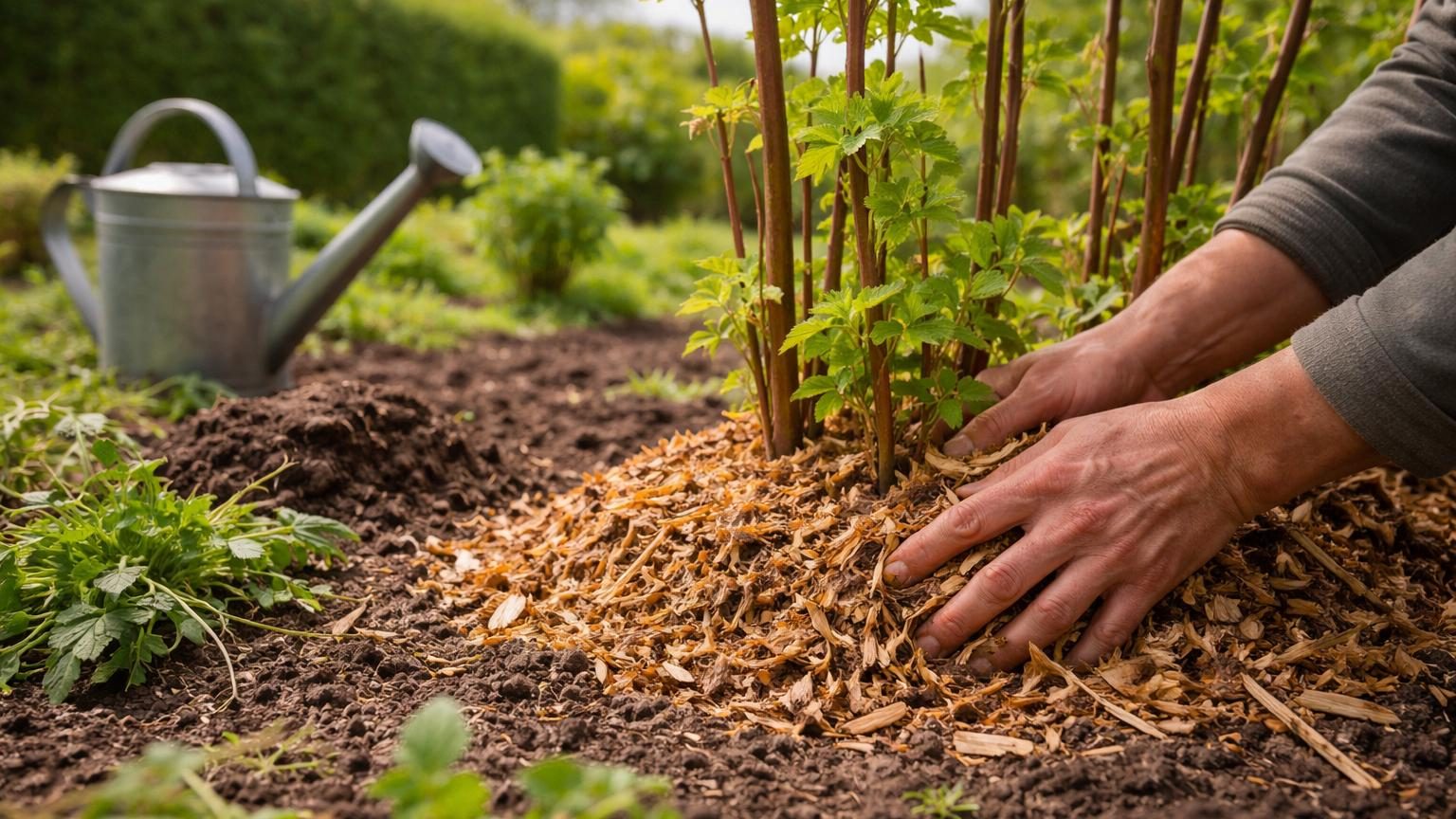 Pied de framboisier avec paillis de matière organique marron clair (5 à 7 cm) autour des tiges vertes, soil riche et frais, sans herbes indésirables.