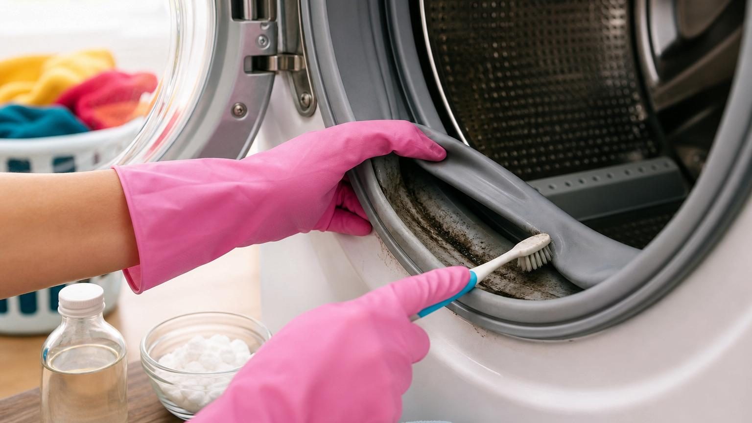 Gros plan sur un joint de machine à laver avec des traces noires et de l'humidité, nettoyé avec un chiffon blanc et une brosse à dents.
