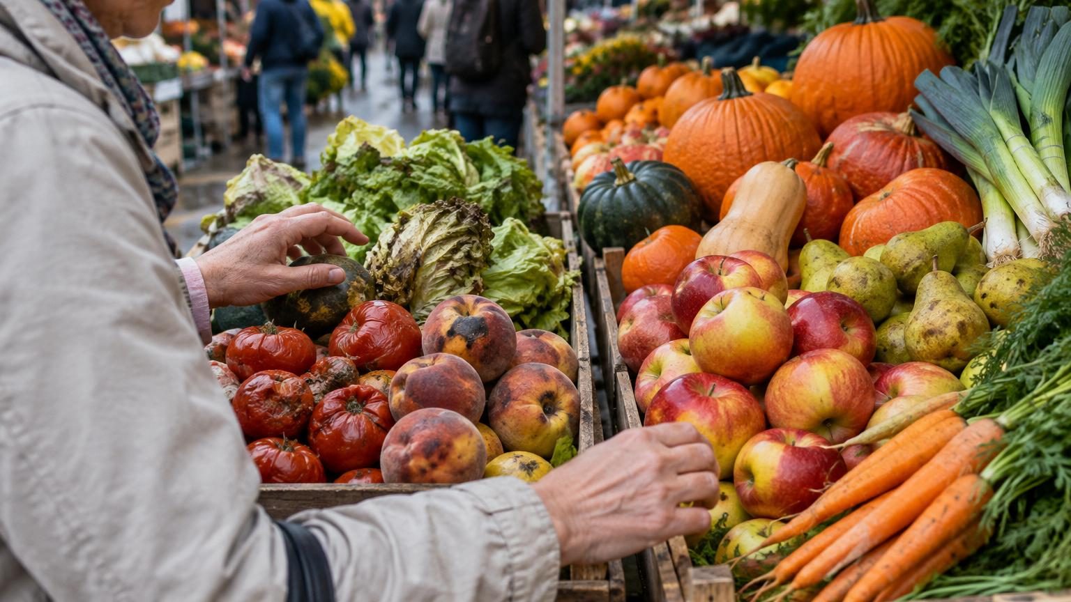 Étal de marché d'automne avec courges, brocoli, choux de Bruxelles, poivrons et carottes fraîchement récoltés.