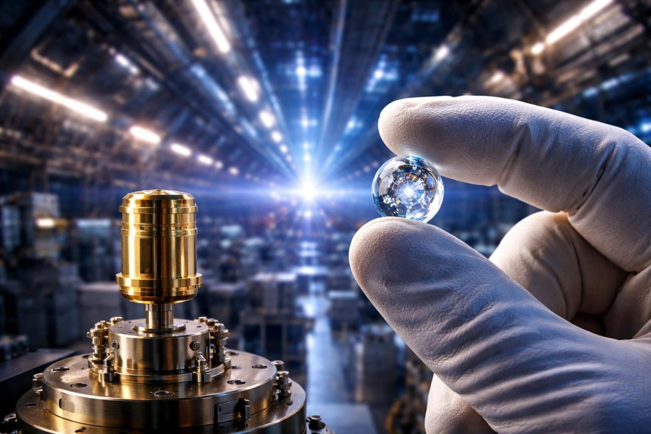 Schéma technique montrant une capsule sphérique de diamant entourée d'une cavité en or, avec des faisceaux laser convergeant vers le centre pour produire la fusion nucléaire