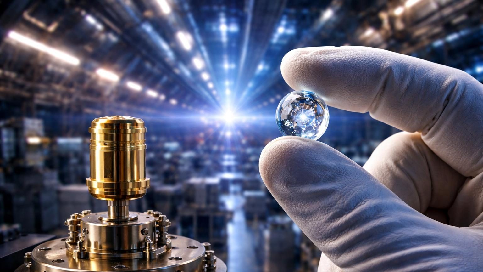 Schéma technique montrant une capsule sphérique de diamant entourée d'une cavité en or, avec des faisceaux laser convergeant vers le centre pour produire la fusion nucléaire