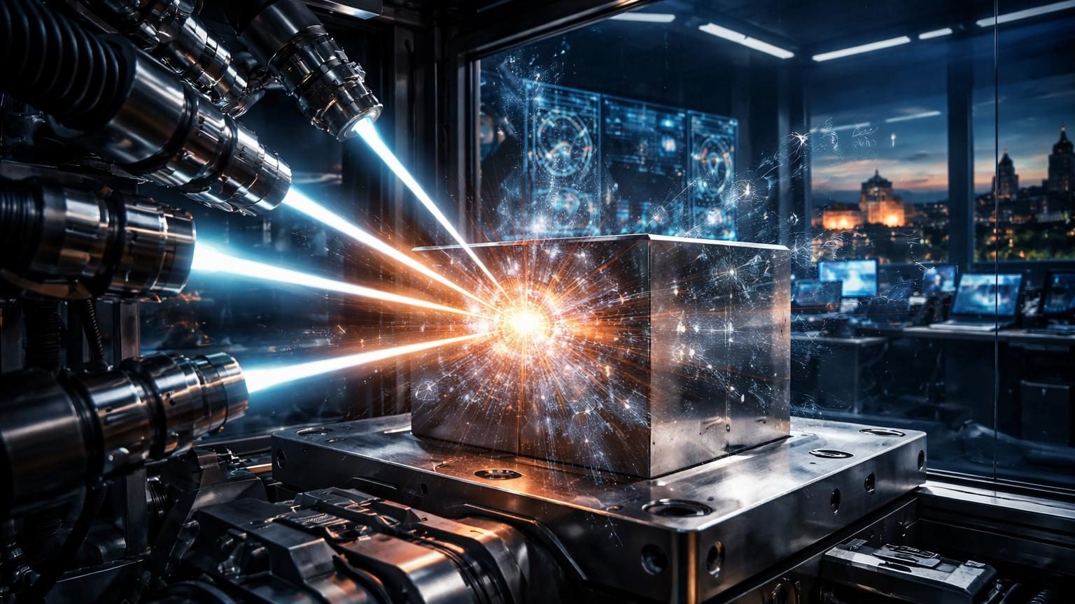 Illustration représentant une technologie de fusion nucléaire: symboles atomiques, faisceaux énergétiques et matériau métallique sous bombardement de particules.