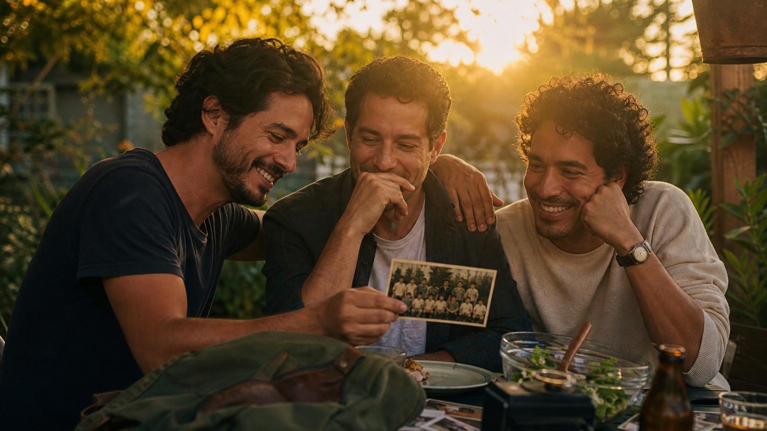 Groupe d'amis se retrouvant autour d'une table, riant ensemble et partageant des souvenirs d'enfance, illustrant la continuité des liens d'amitié depuis l'école.