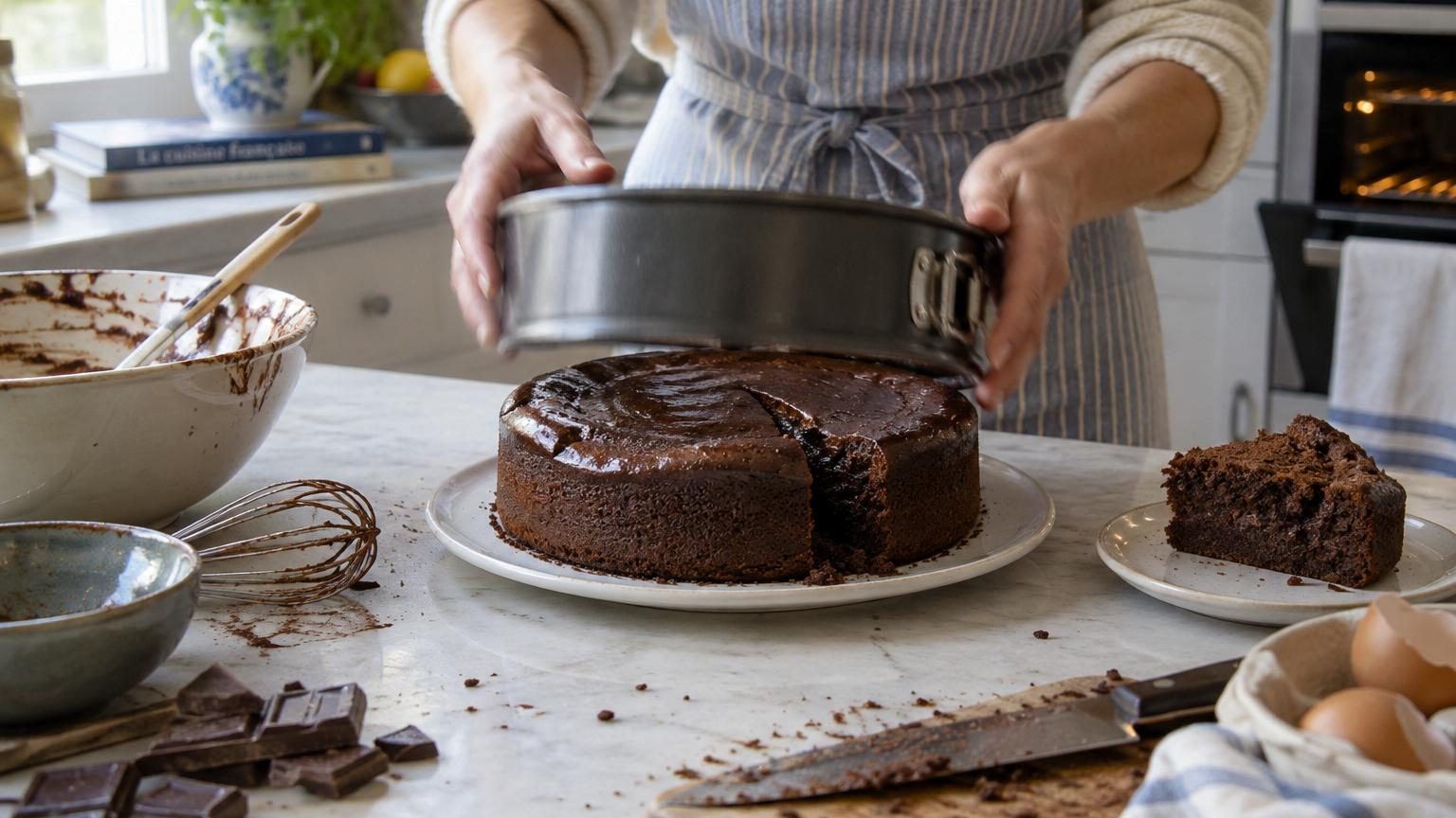 Gâteau au chocolat moelleux fraîchement sorti du four, présenté sur un plan de travail avec une spatule, illustrant la texture fondante idéale recherchée.
