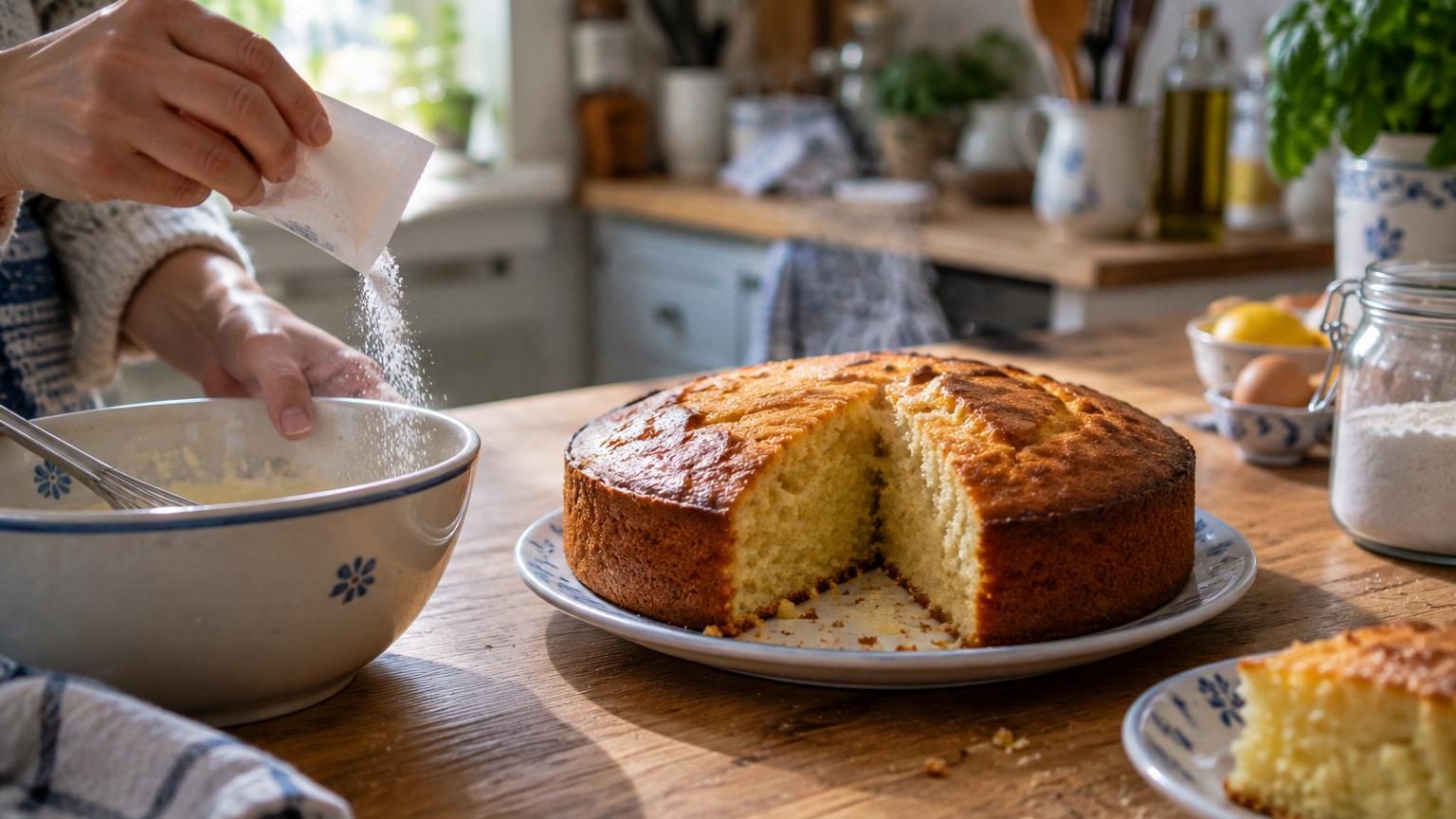 Gâteau au yaourt doré et moelleux coupé en part, montrant l'intérieur aéré et la texture fine grâce à la fécule de maïs