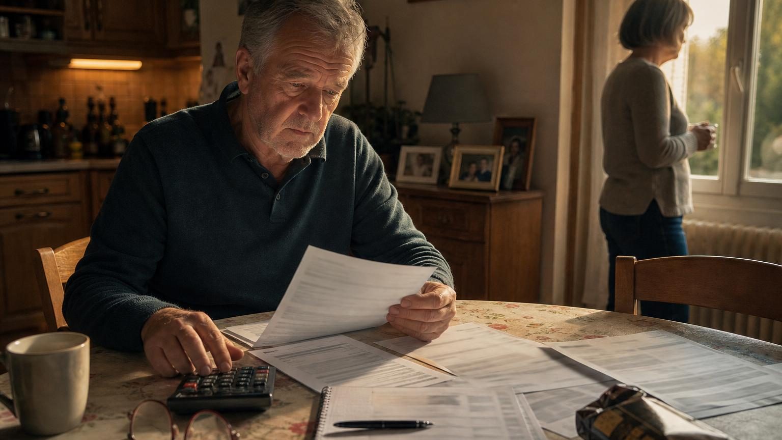 Un homme d'environ soixante ans consulte des documents financiers à sa cuisine, calculatrice et stylo à la main, symbolisant la réflexion budgétaire à la retraite.