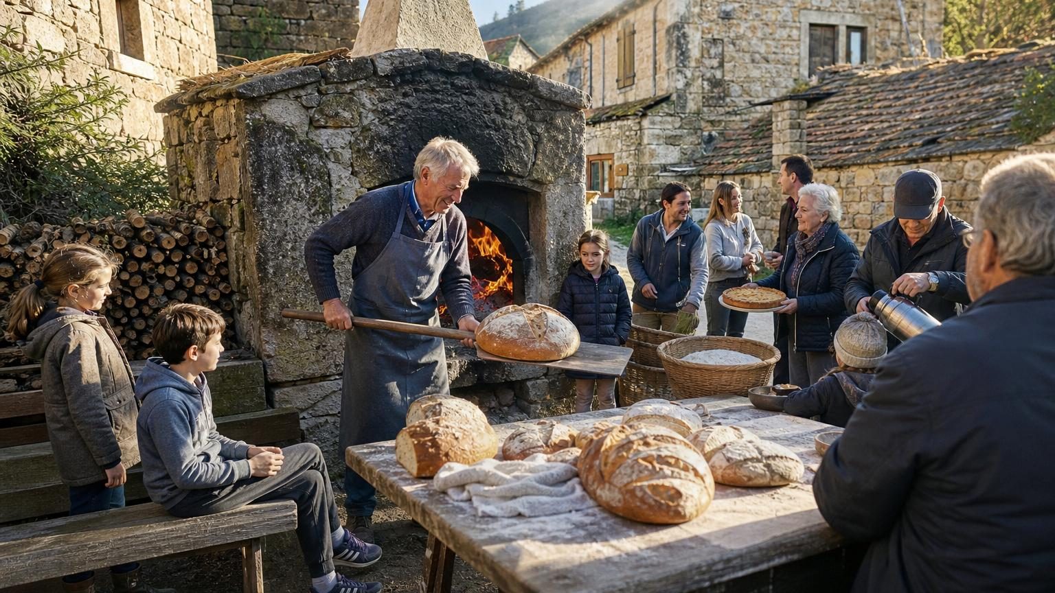 Gérard, 67 ans, ouvre la porte du four à pain restauré tandis que des voisins et des enfants arrivent avec des pâtons, dans la rue ensoleillée du hameau, un dimanche matin.