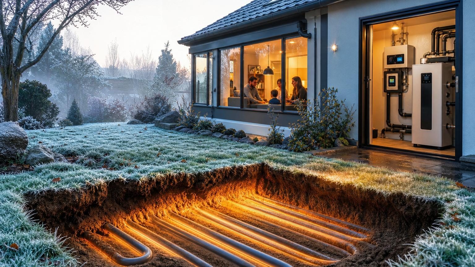 Jardin ordinaire avec herbe humide, feuilles et brume matinale, dissimulant sous terre les tuyaux d'une installation géothermique de chauffage.
