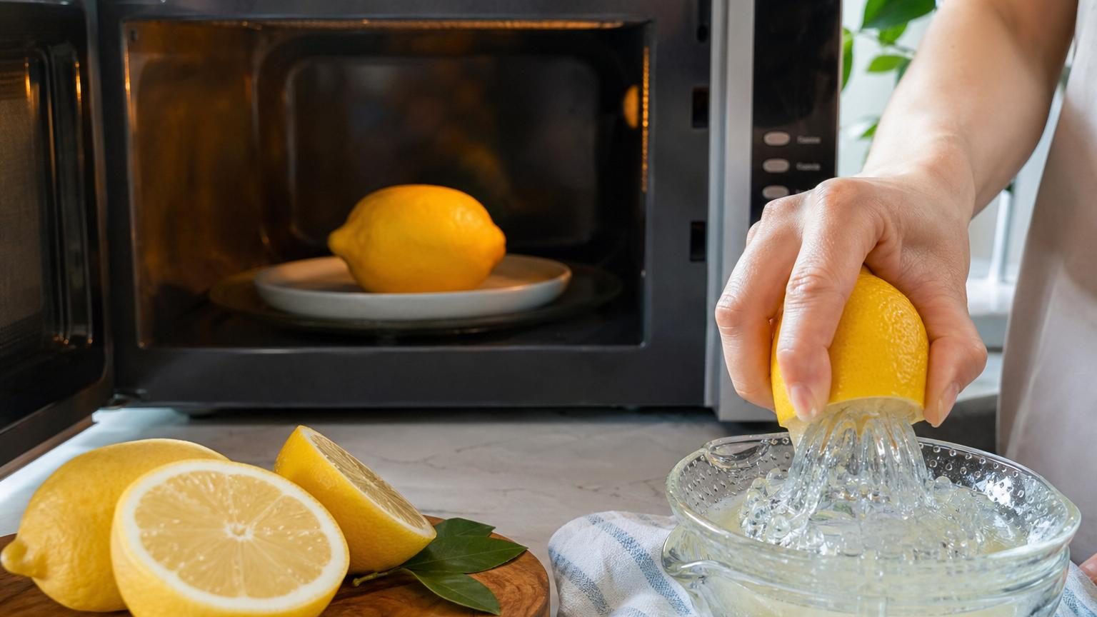 Un citron jaune entier posé à côté d'un verre contenant du jus de citron frais, illustrant l'extraction du liquide.