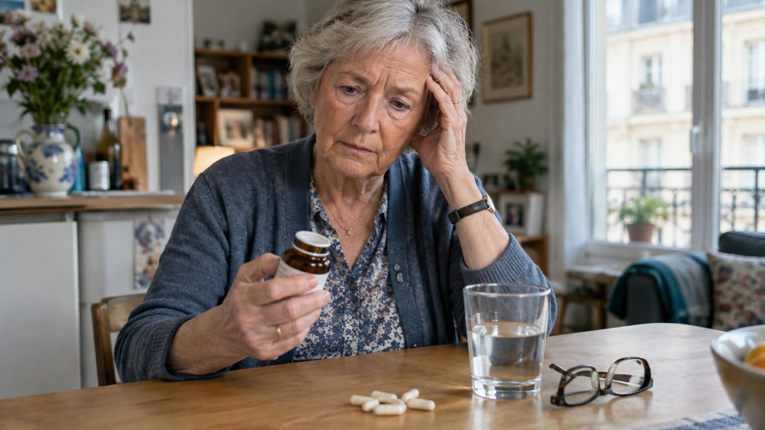 Comprimés et gélules de glucosamine empilés sur une surface blanche, avec en arrière-plan un cerveau schématisé en bleu ou un symbole évoquant la démence
