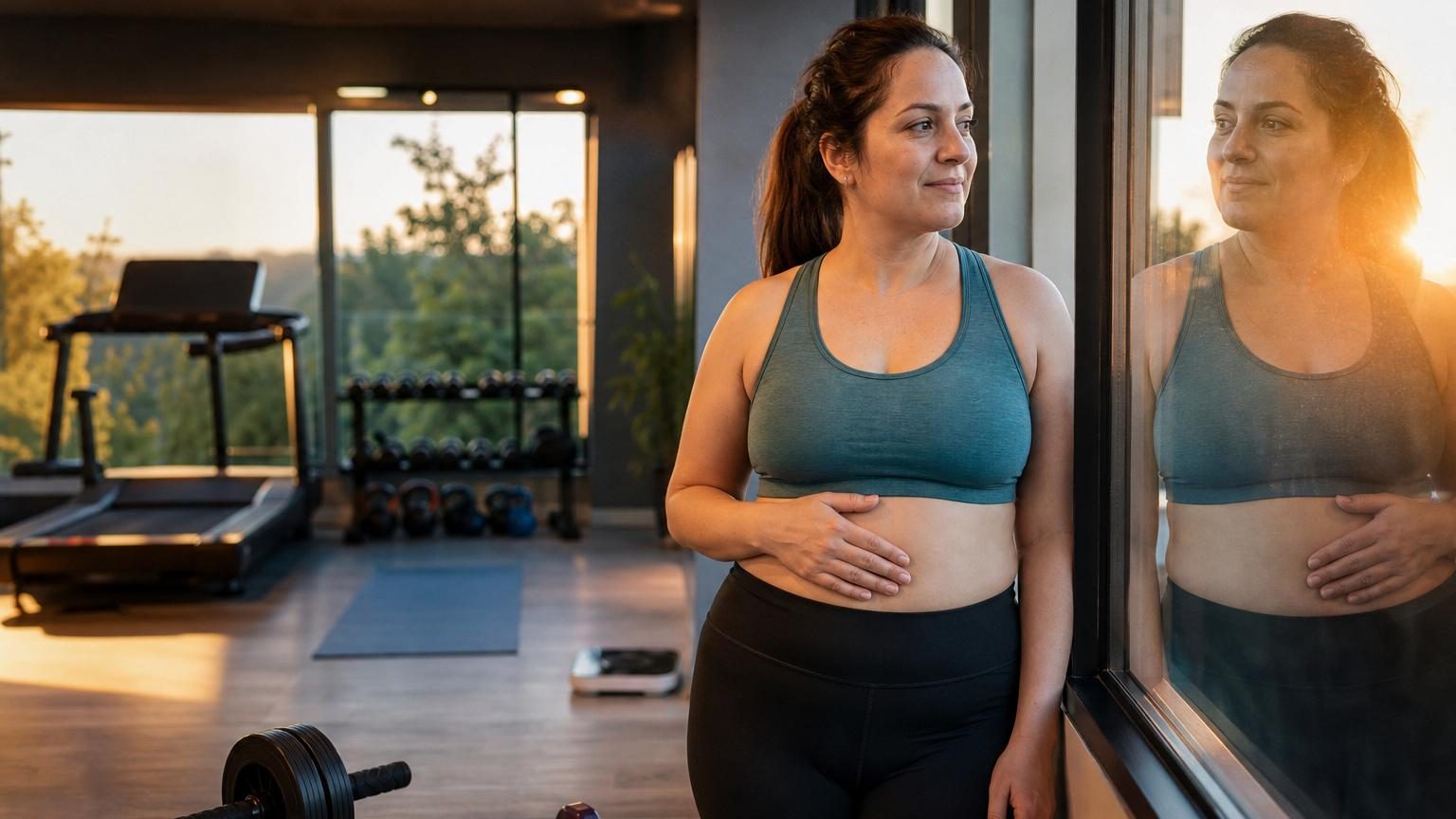 Une femme à la salle de sport surveille son ventre dans le reflet d'une vitre après une séance d'abdominaux, illustrant la frustration de l'effort physique sans résultats visibles.