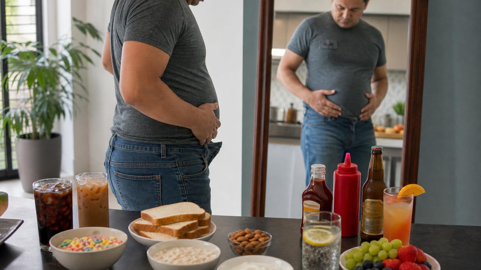 Silhouette de personne observant son ventre face à un miroir, symbolisant la préoccupation face à la graisse abdominale et les habitudes alimentaires quotidiennes.