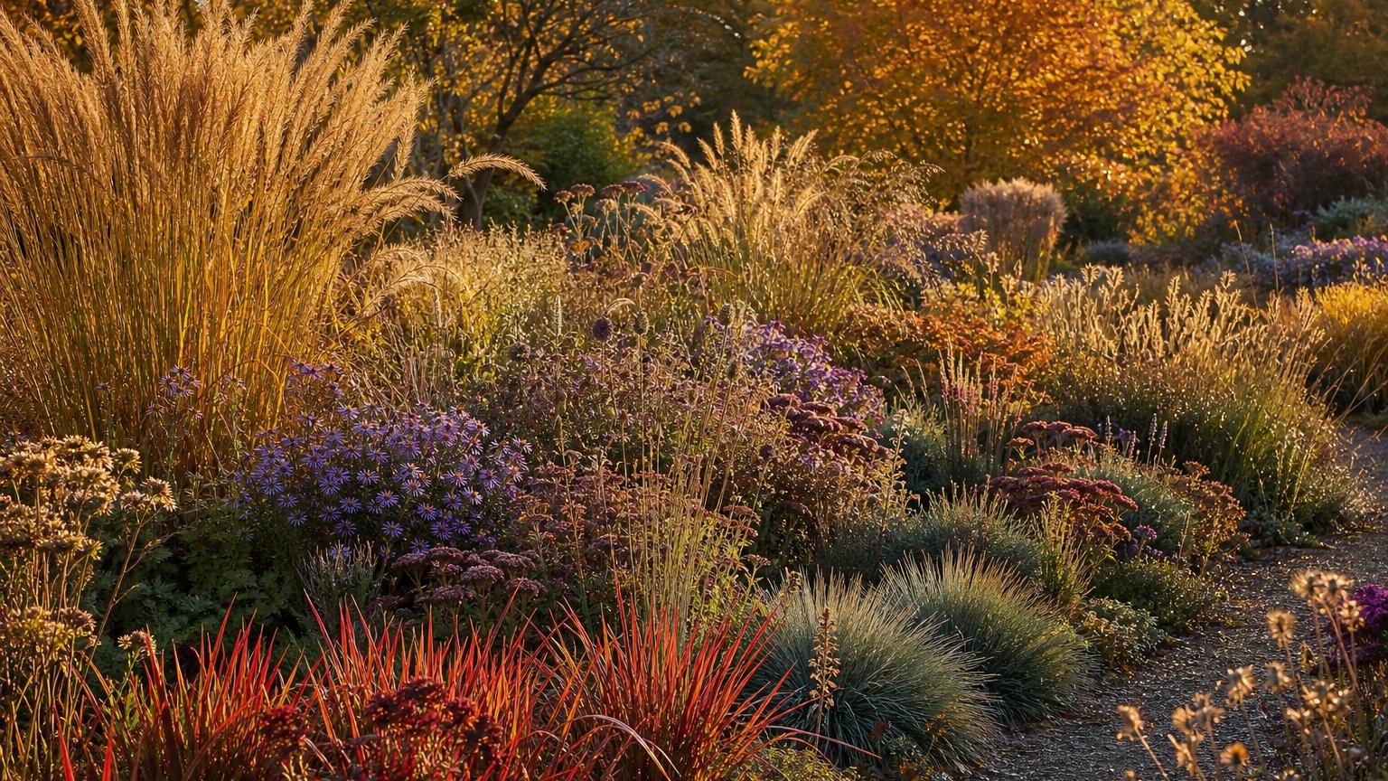 Touffe dense de graminée ornementale aux épis plumeuses teintés de cuivre et d'orange, illuminée par le soleil bas d'automne dans un jardin.