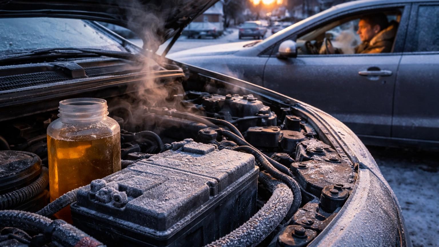 Gros plan sur un moteur couvert de givre par grand froid, avec batterie et conduites de carburant visibles, illustration des obstacles au démarrage hivernal.