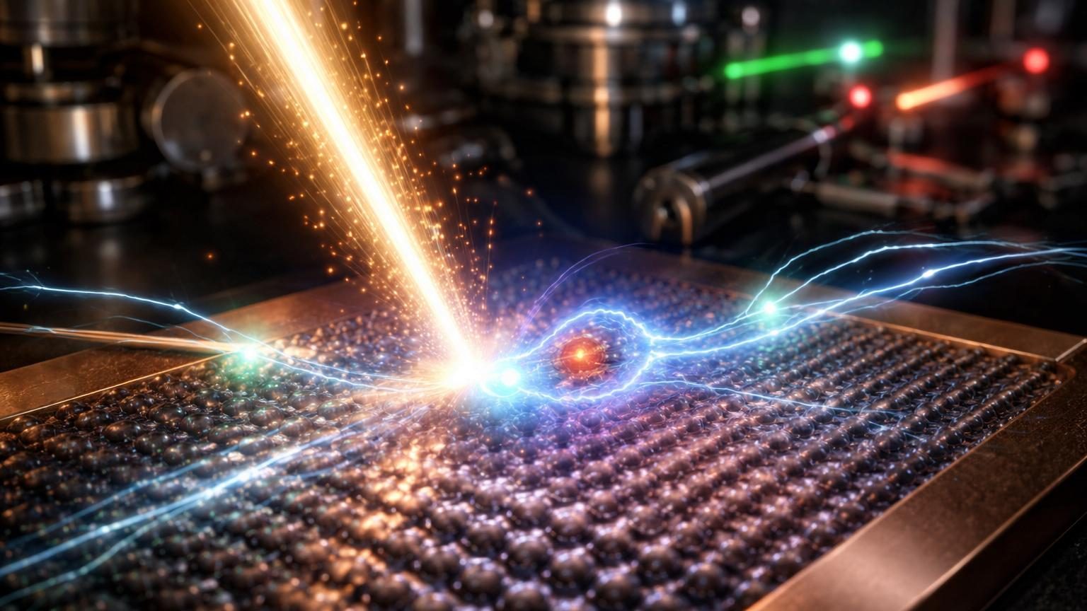 Illustration scientifique montrant l'évolution temporelle d'un exciton en trois étapes : création par un photon, réorganisation et contraction du couple électron-trou sur des molécules alignées.