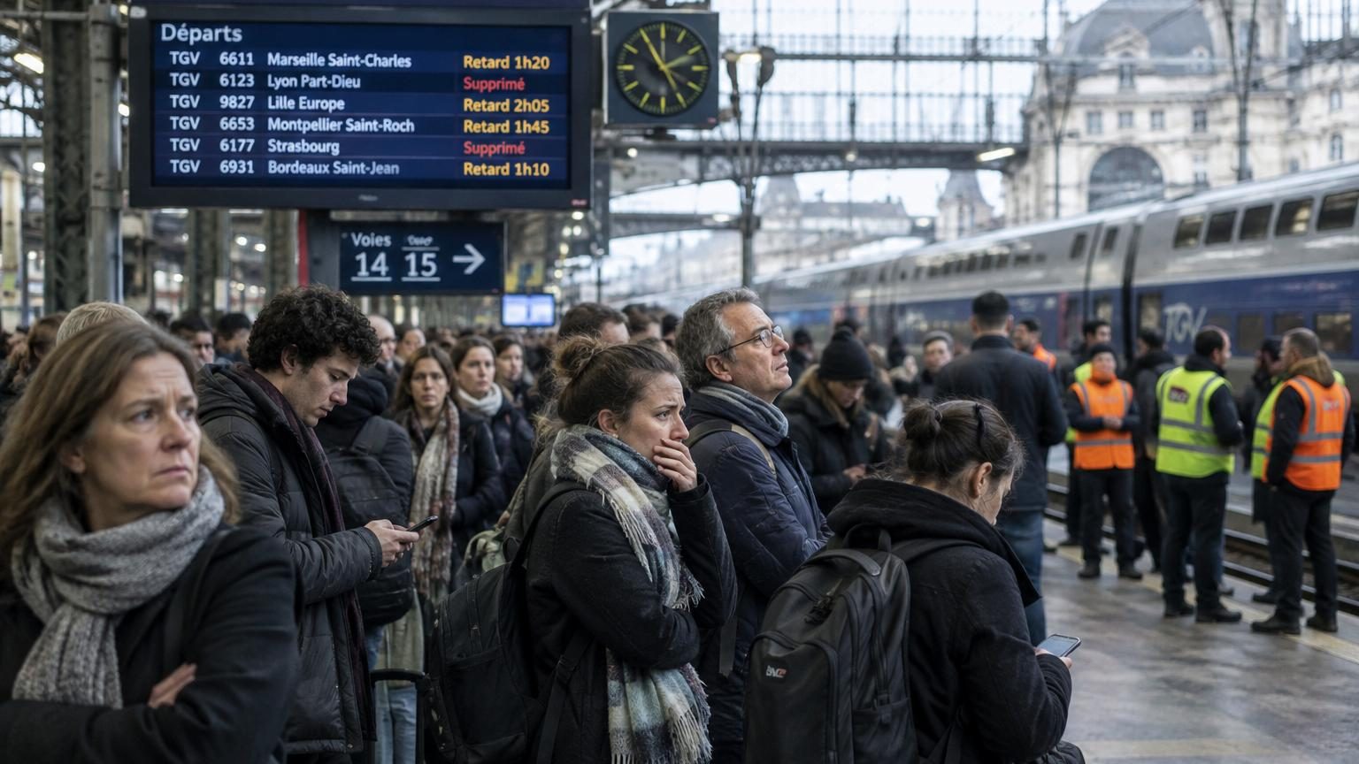 Trains immobilisés en gare lors d'une grève, quais vides ou peu fréquentés, affichages d'annulations et retards affichés aux tableaux de bord