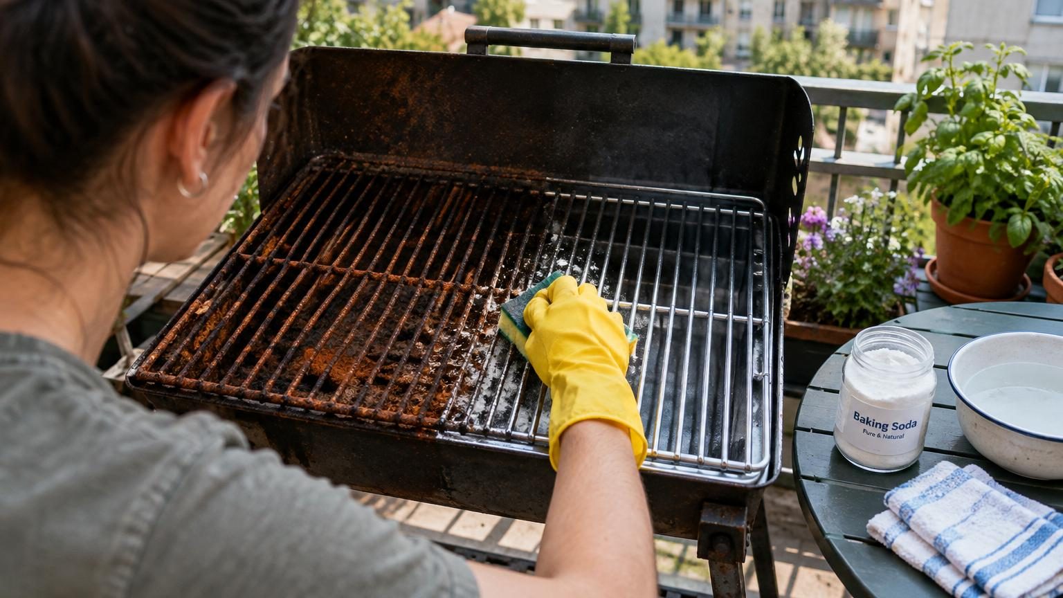 Grille de barbecue rouillée stockée dans un sac poubelle rempli d'eau chaude et de cristaux de soude pour le trempage de nuit.