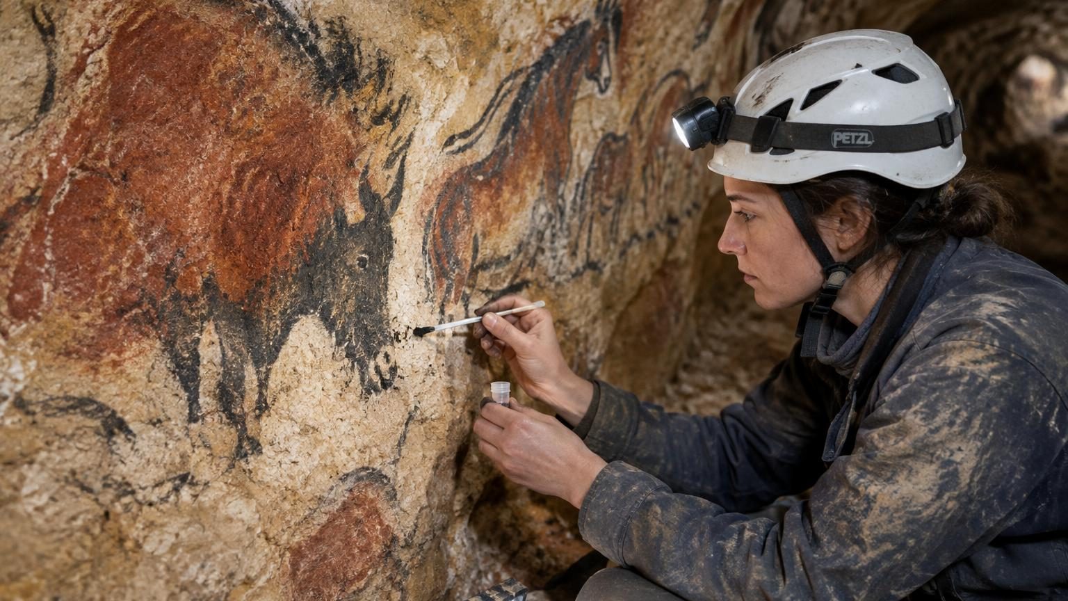 Paroi rocheuse de la grotte de Font-de-Gaume couverte de peintures préhistoriques noires représentant des animaux de l'ère glaciaire, photographiée de près pour montrer les tracés anciens.