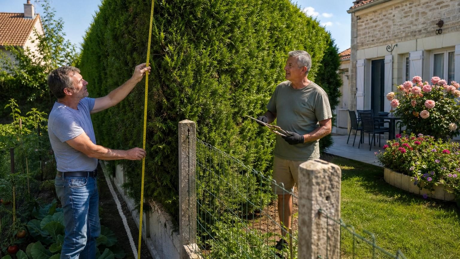 Jardin avec une haie dense et touffue qui dépasse largement au-dessus du grillage de séparation, créant une ombre sur la propriété voisine.