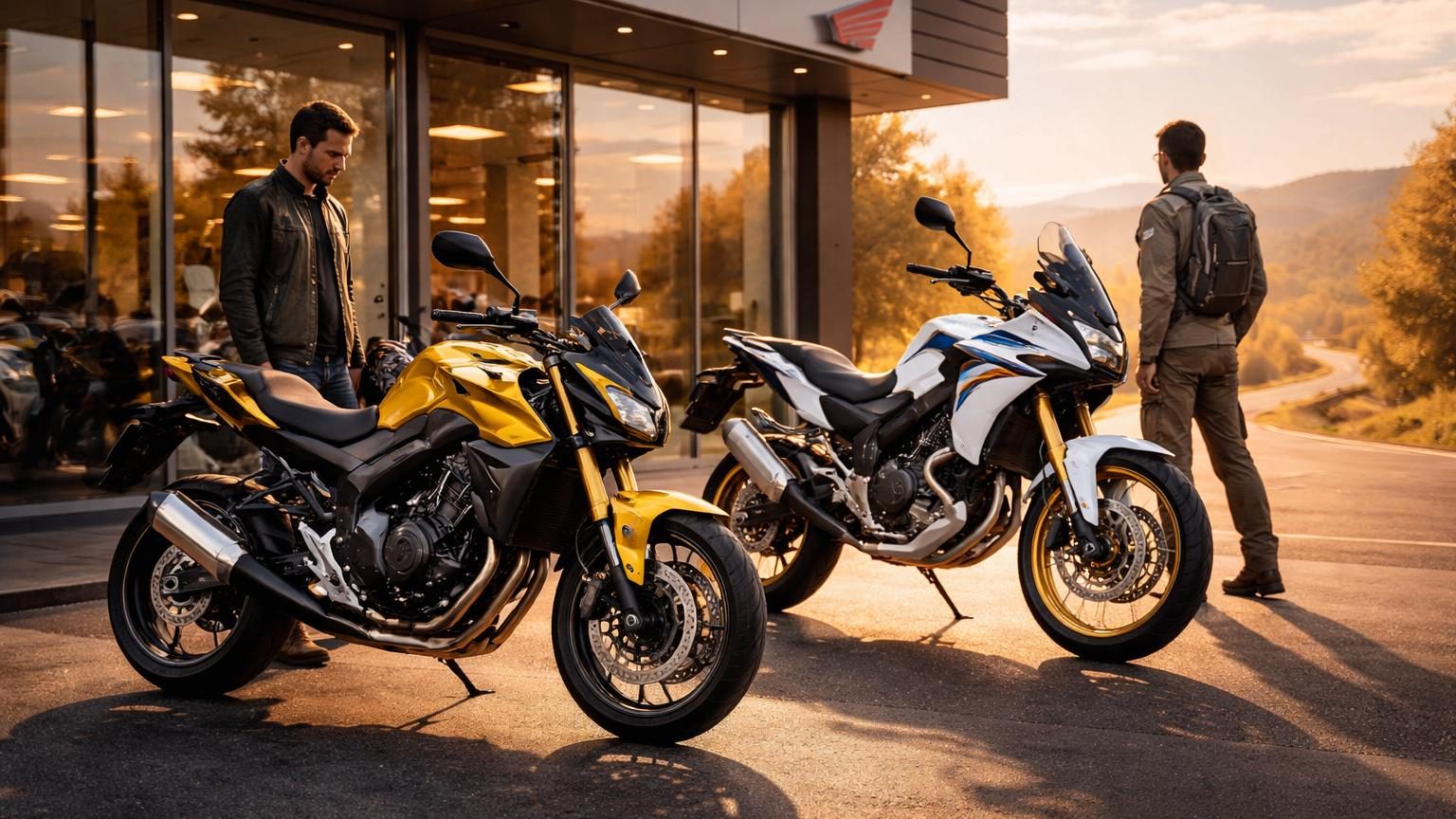 Deux motos Honda, un roadster CB750 Hornet noir et un trail XL750 Transalp gris, photographiées de trois-quarts sur fond blanc avec les prix promotionnels affichés
