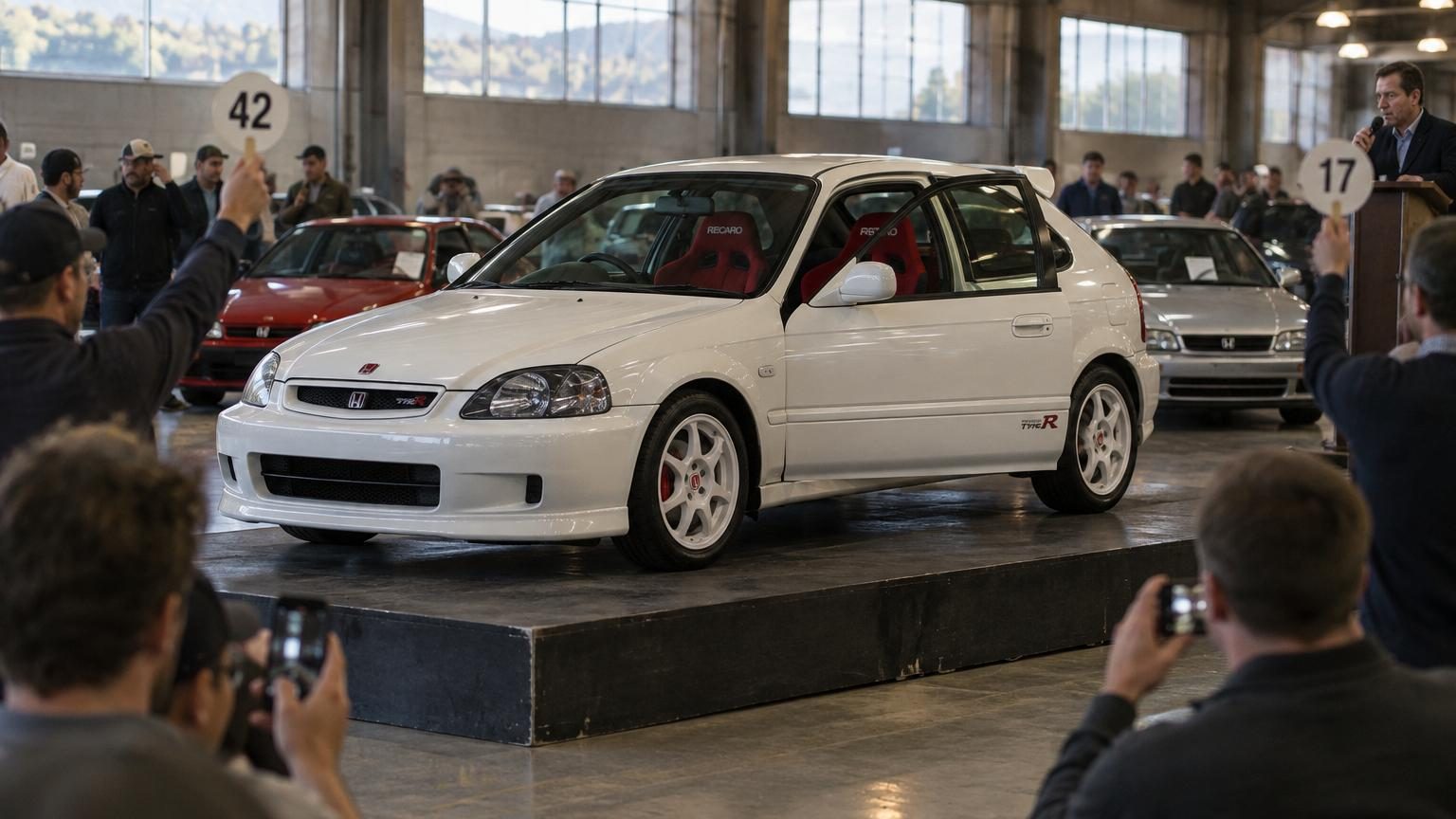 Honda Civic Type R EK9 blanche Championship des années 2000 avec sièges baquets Recaro rouges, vedette de la dispersion de la collection privée Honda.