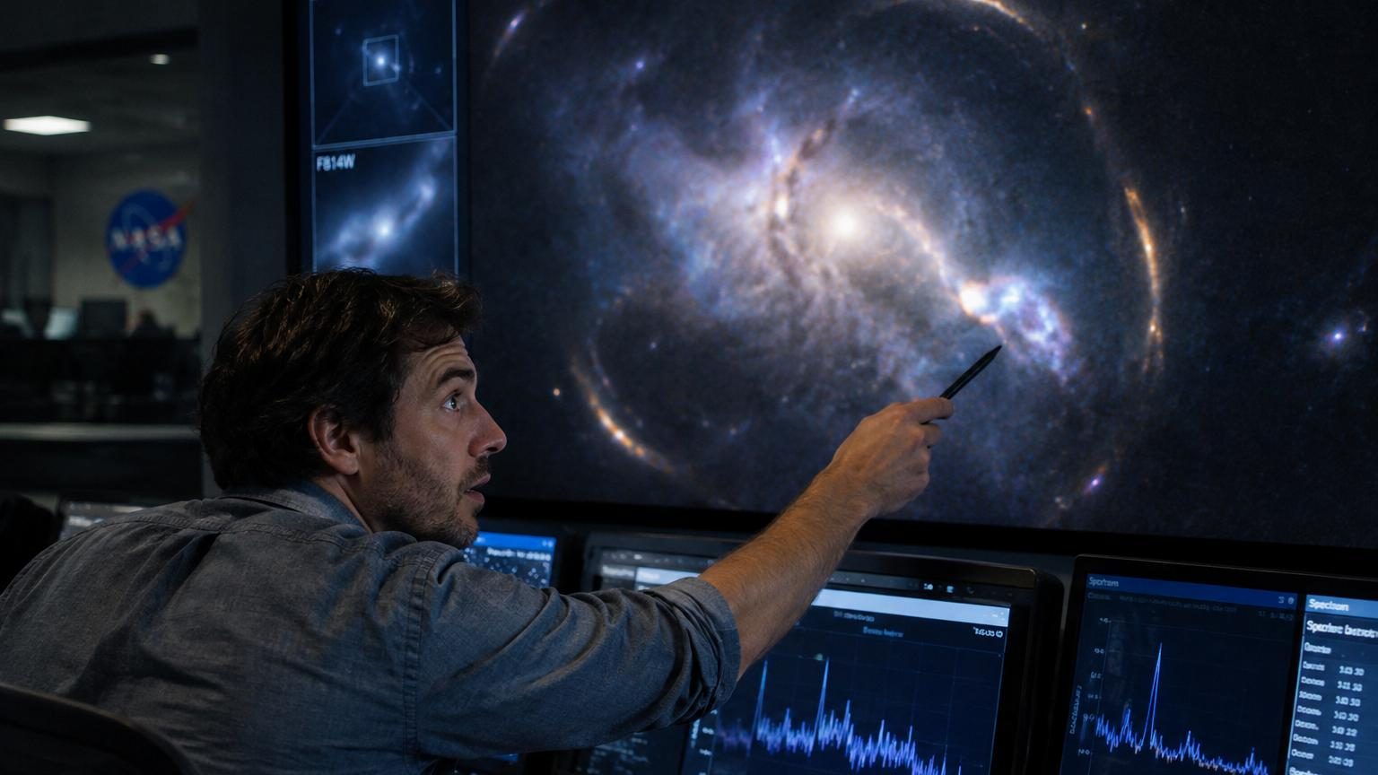 Représentation artistique d'une galaxie ultra-diffuse étalée dans l'espace avec ses amas globulaires brillants visibles et son halo de matière noire invisible