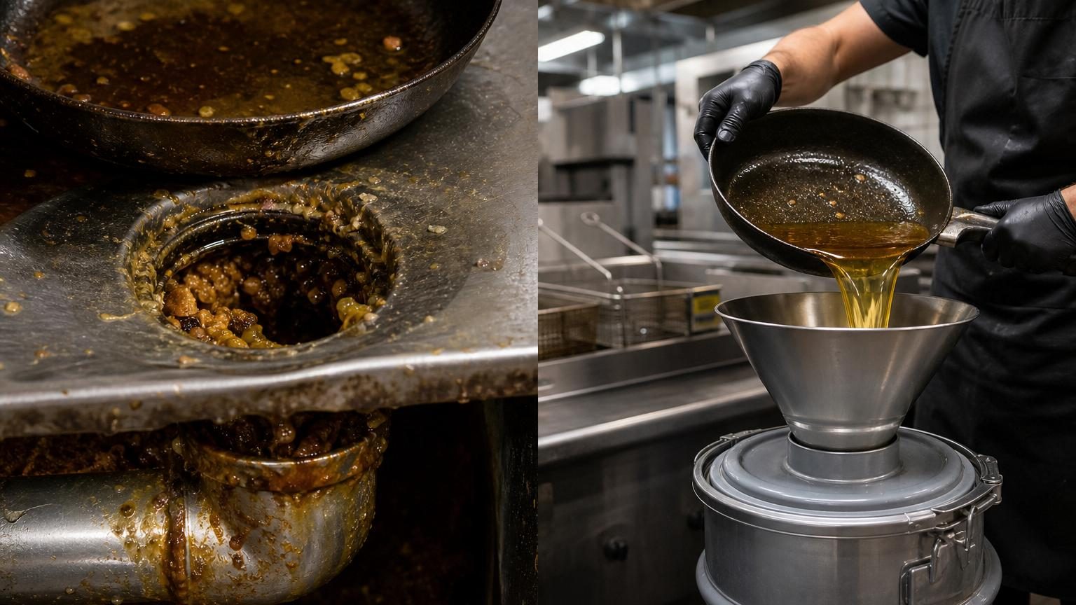 Plan de travail de cuisine avec une poêle contenant une petite quantité d'huile dorée refroidie, à côté d'une bouteille en plastique vide et d'un entonnoir.