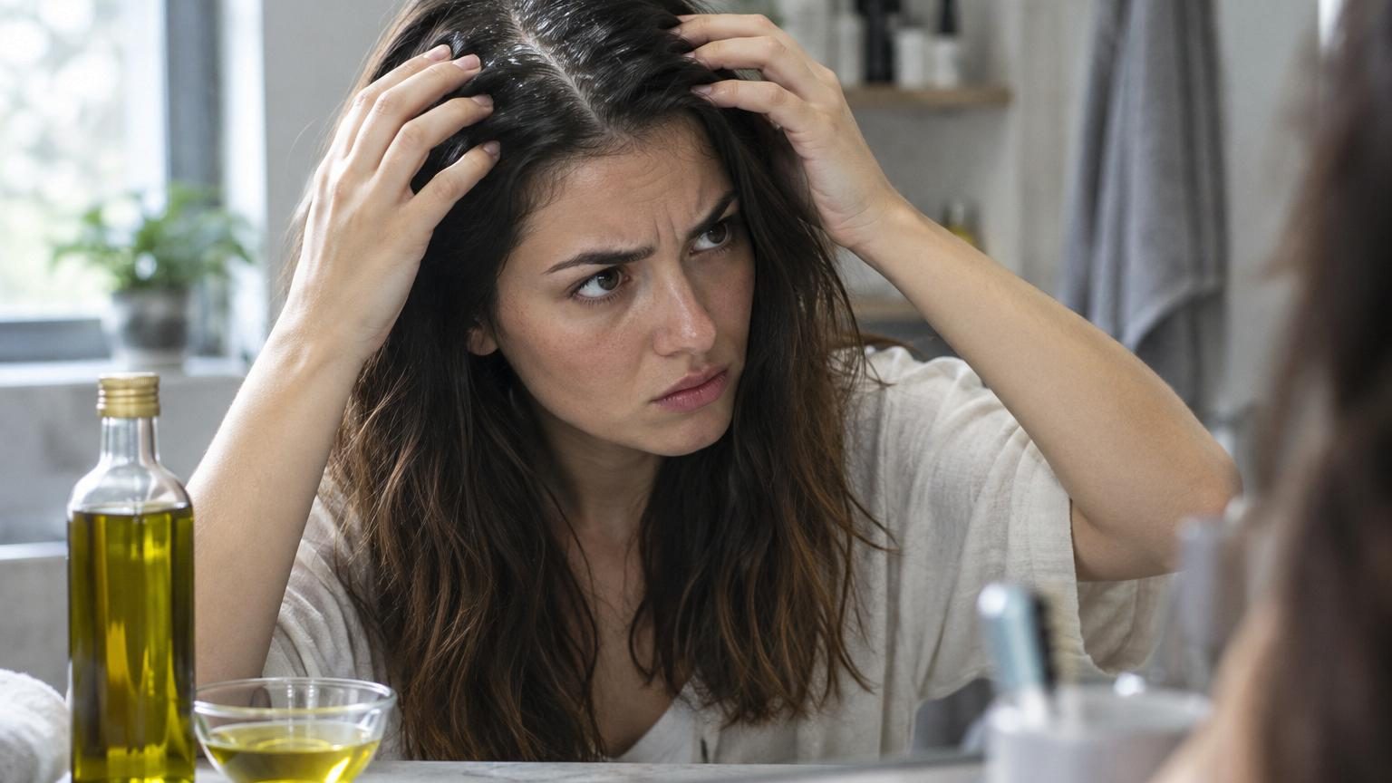 Huile d'olive sur les cheveux : une trichologue alerte, pure elle est trop épaisse pour être absorbée et peut provoquer excès de gras et pellicules