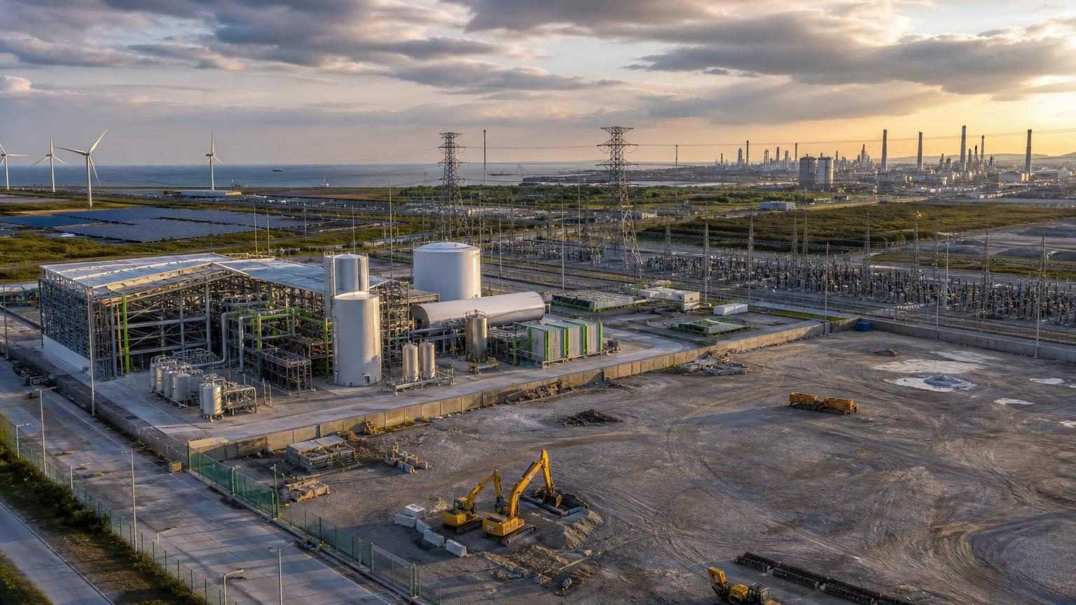 Zone industrielle avec panneaux de promotion d'une future usine d'hydrogène vert aux symboles verts stylisés, terrain clôturé en attente de construction.