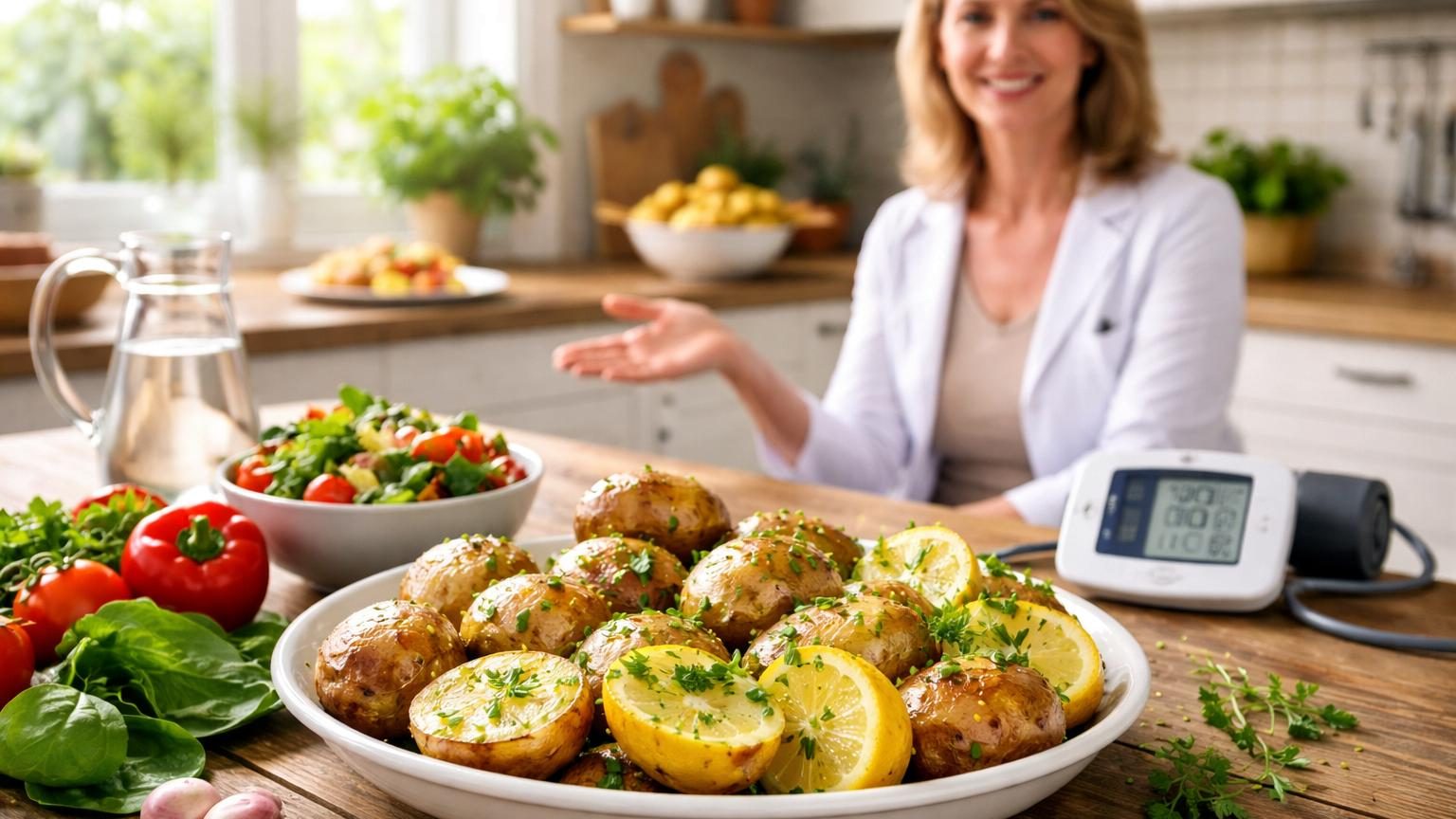 Pommes de terre crues et cuites à la vapeur, servies dans une assiette avec des herbes fraîches et un trait d'huile d'olive, illustrant une préparation saine pour l'hypertension.