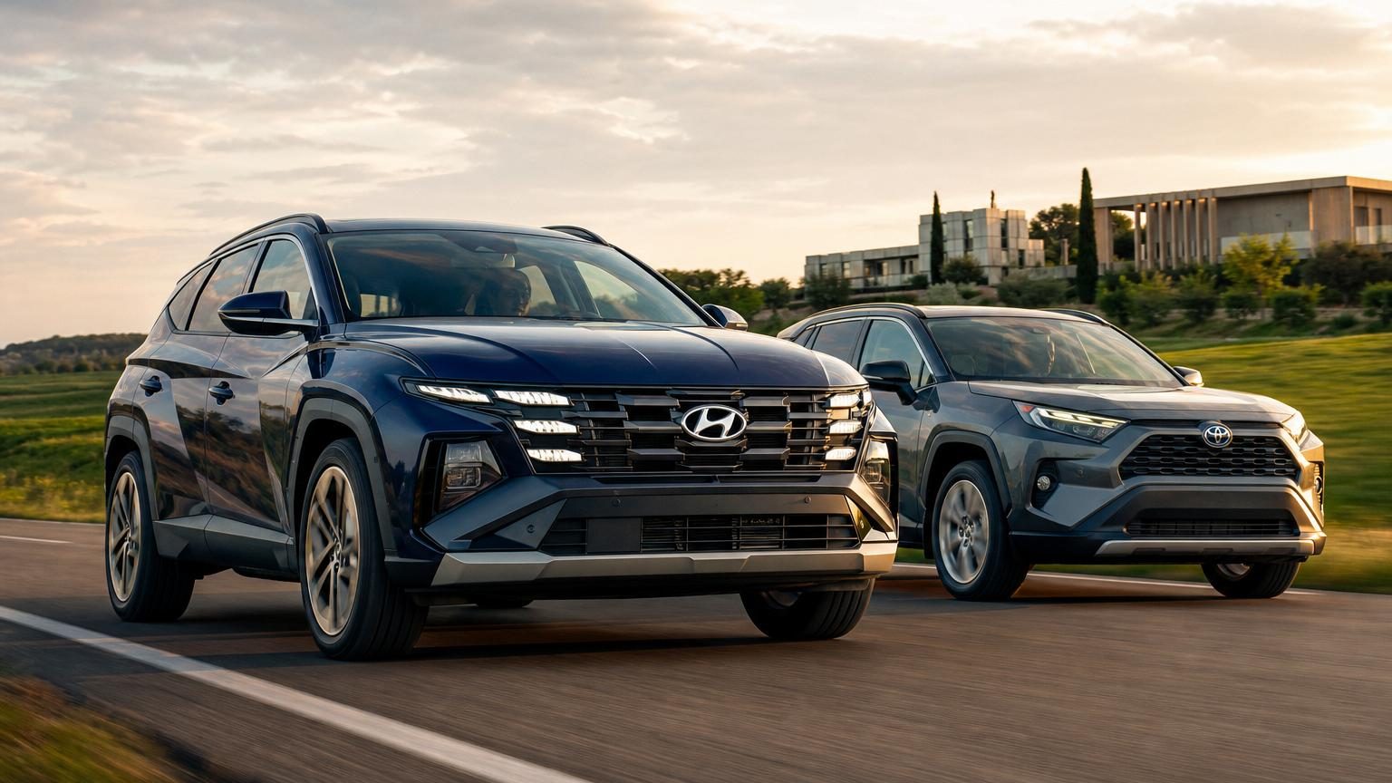 Représentation artistique du futur Hyundai Tucson 2027 en profil, affichant un design anguleux avec des formes géométriques, une calandre pixelisée et des lignes plus épurées que le modèle actuel.