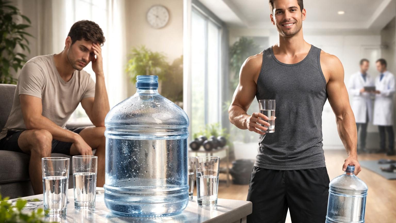 Un homme versant de l'eau dans un verre lors d'un défi quotidien d'hydratation intensive sur 365 jours
