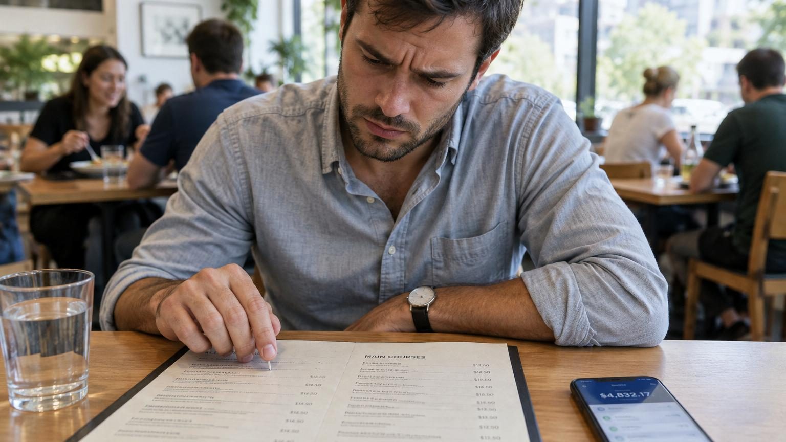 Portrait psychologique montrant sept habitudes discrètes d'un adulte en train de regarder un menu au restaurant, des objets inutilisés, une main qui éteint une lumière, symbolisant les réflexes de frugalité hérités.