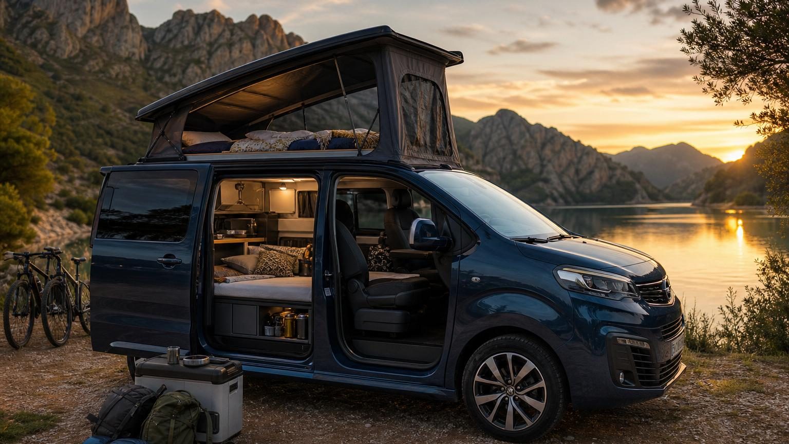 Monospace Opel Zafira blanc avec toit relevable ouvert, montrant le lit supérieur accessible et l'intérieur aménagé pour le camping