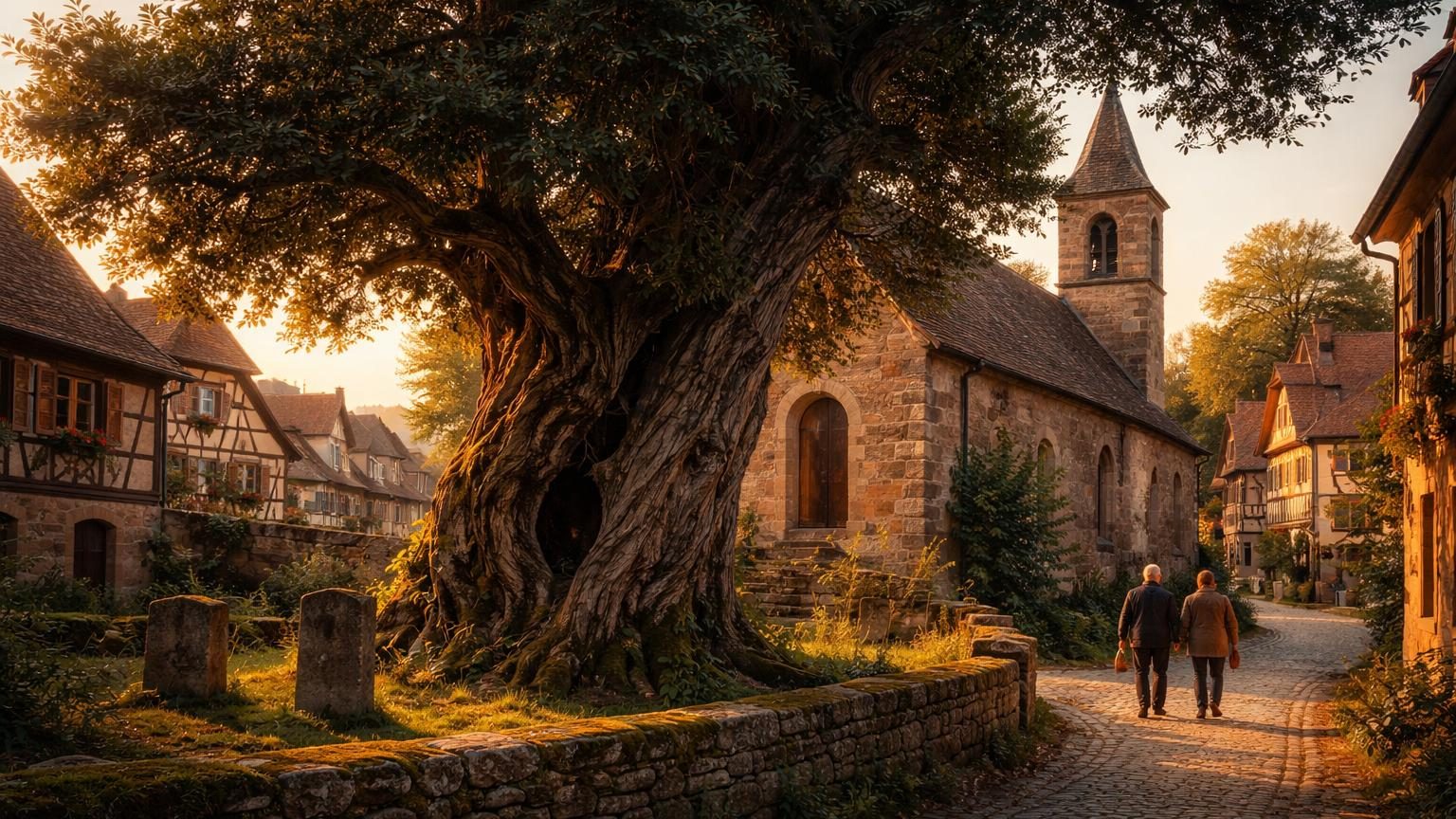 If ancien au feuillage discret adossé à un édifice religieux dans un petit village alsacien, entouré de maisons traditionnelles.