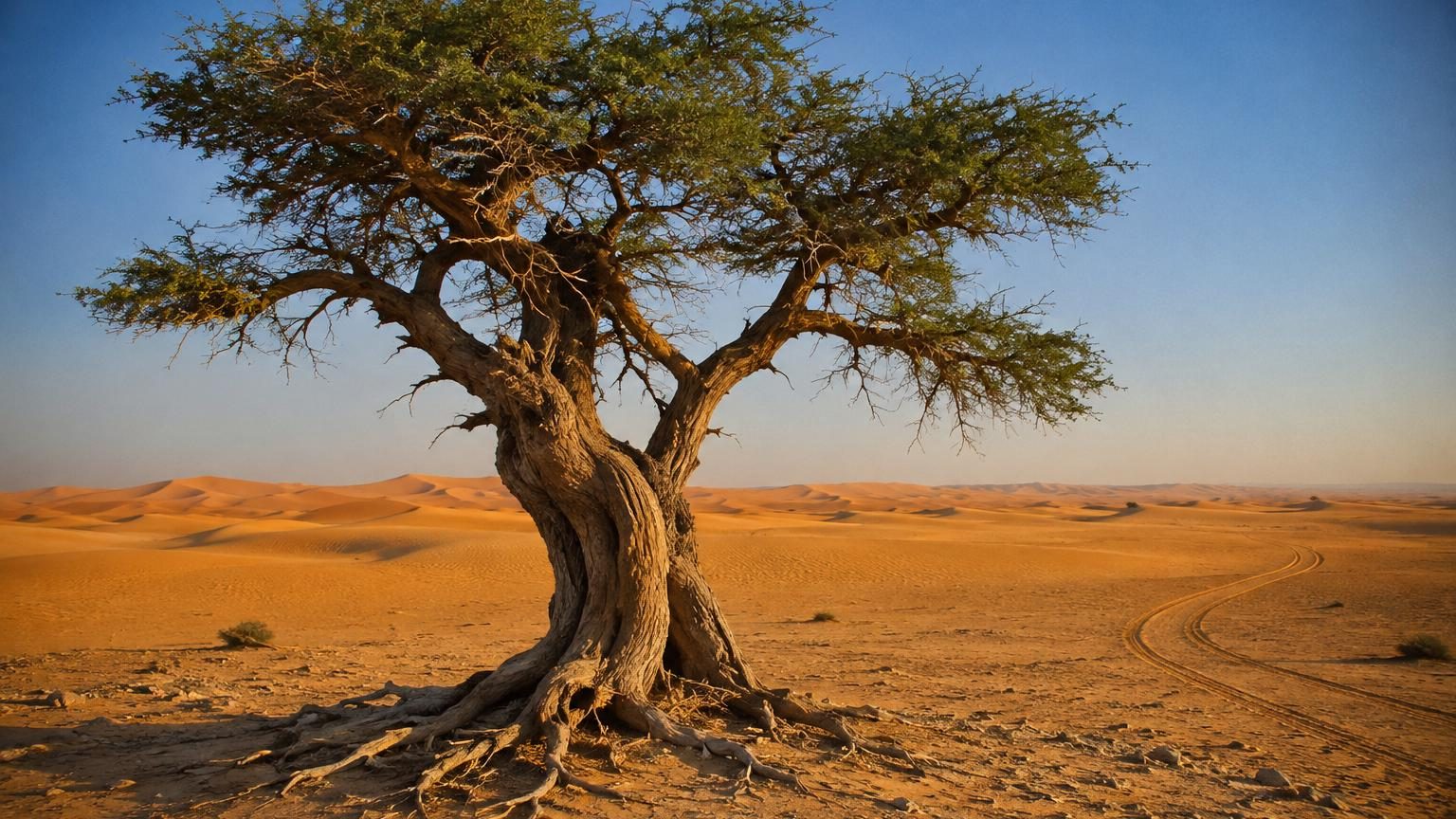 Un arbre solitaire dressé au milieu d'un désert de sable doré avec des dunes à perte de vue sous un ciel brûlant